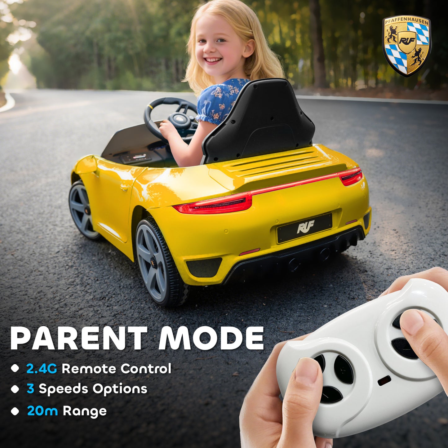 Kids Electric Car, 12V Licensed RUF GT Ride on Car with Suspension, Remote Control, Music for 3-5 Years Yellow