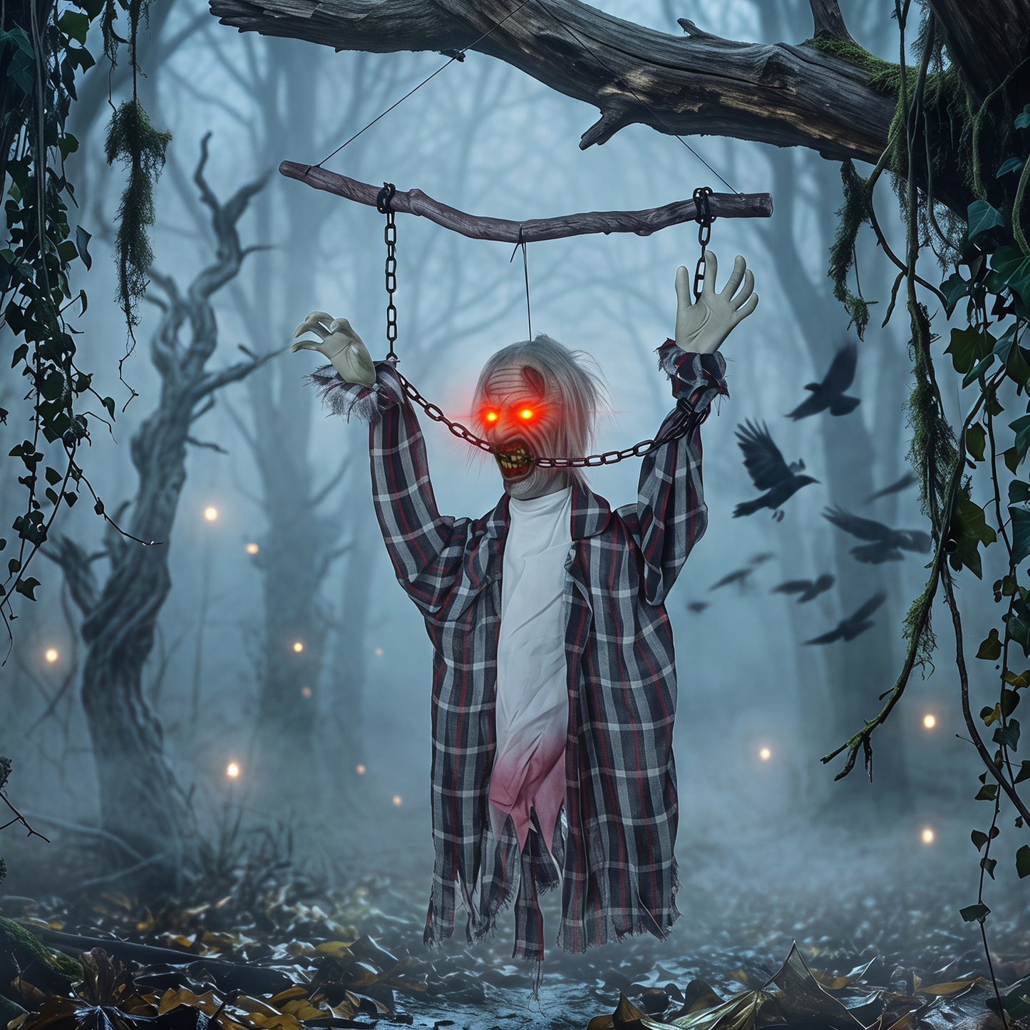 110cm Screaming Animated Hanging Halloween Decoration, Sound Touch Activated Zombie Decor with Glowing Red Eyes