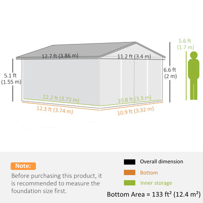 12.5ft Sliding Door Durable Steel Storage Shed with 4 Ventilation Outdoor, Green