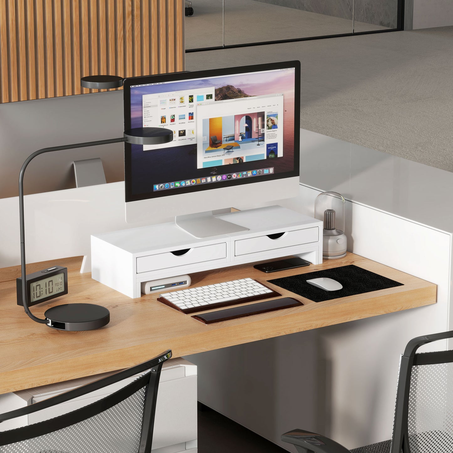 Dual Monitor Stand Riser with 2 Drawers, Adjustable Length and Angle, 116cm Monitor Riser for Laptop, Computer, PC