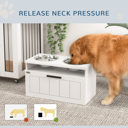 Raised Dog Bowl with Slow Feeder, Two Stainless Steel Dog Bowls, Drawer, for Large and Extra Large Dogs, White