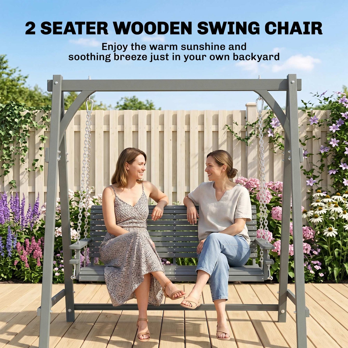 2 Seater Garden Swing Seat, Wooden Swing Chair Bench with Cup Holders for Outdoor Porch Patio, Grey