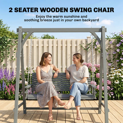 2 Seater Garden Swing Seat, Wooden Swing Chair Bench with Cup Holders for Outdoor Porch Patio, Grey