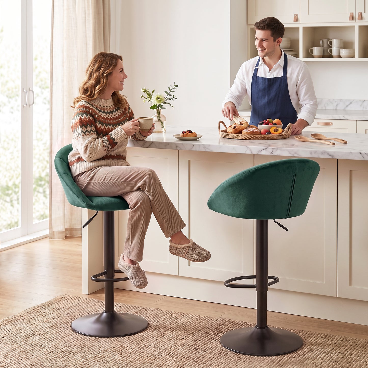 Bar Stools Set of 2 Adjustable Swivel Velvet Breakfast Bar Stools with Backrest, Dark Green