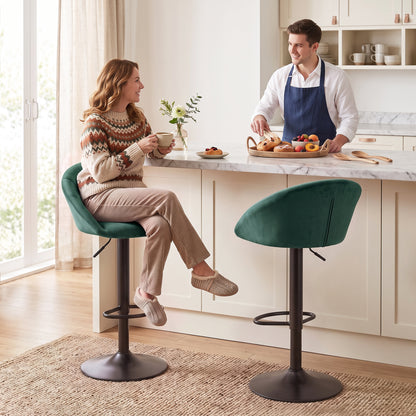 Bar Stools Set of 2 Adjustable Swivel Velvet Breakfast Bar Stools with Backrest, Dark Green