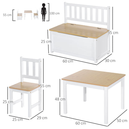 4-Piece Kids Table and Chair Set with 2 Wooden Chairs, 1 Storage Bench, and Interesting Modern Design, Beige/White
