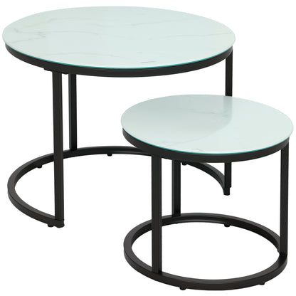 Glass Coffee Table Set of 2, Round Nest of Tables with Marble-Effect Tempered Glass Tabletop and Steel Frame