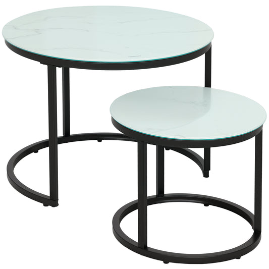 Glass Coffee Table Set of 2, Round Nest of Tables with Marble-Effect Tempered Glass Tabletop and Steel Frame