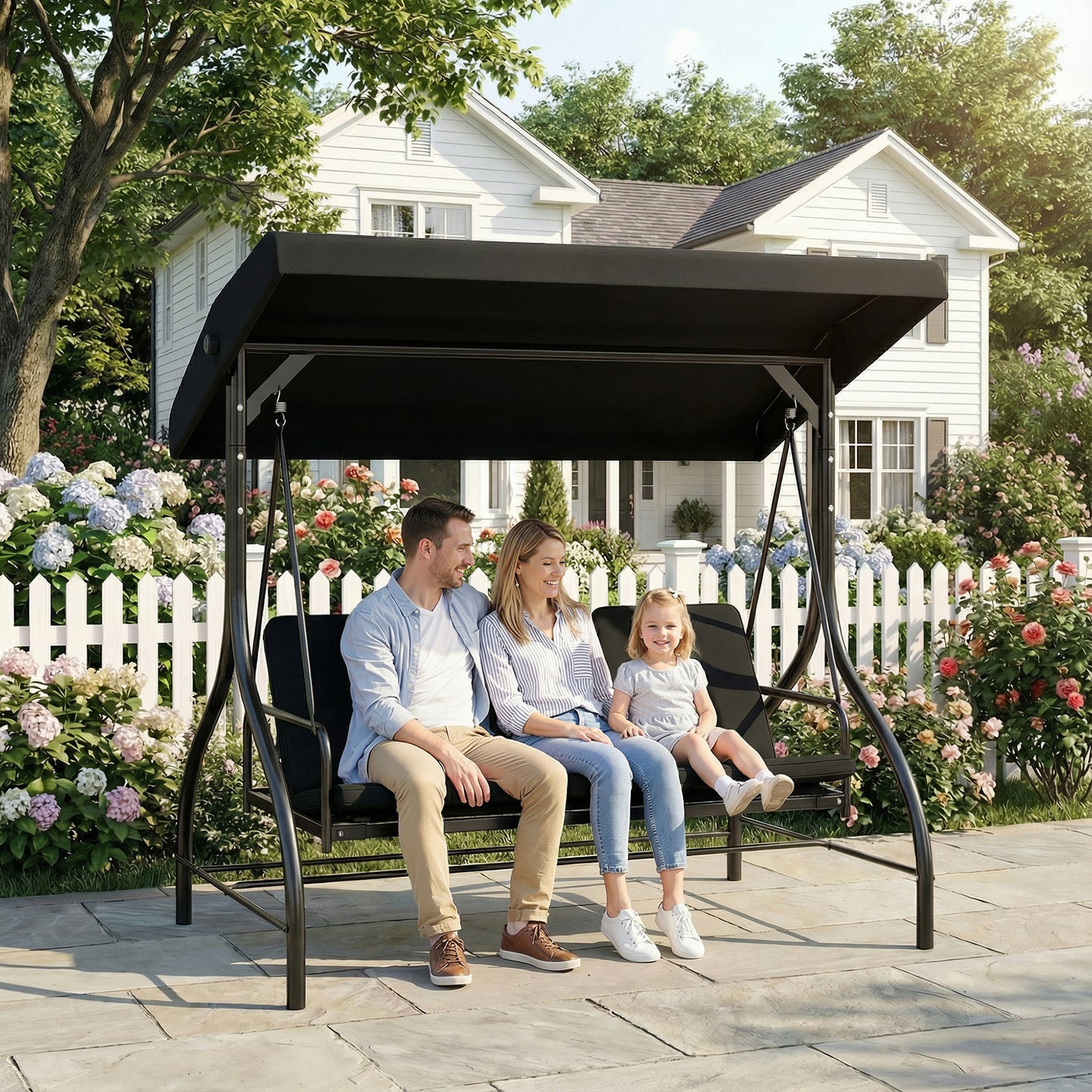 3 Seater Canopy Swing Chair, 2 in 1 Garden Swing Seat Bed, with Adjustable Canopy and Metal Frame, Black