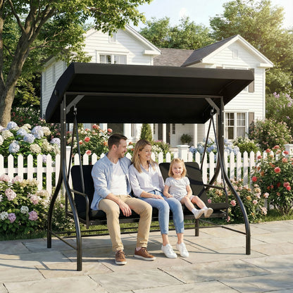 3 Seater Canopy Swing Chair, 2 in 1 Garden Swing Seat Bed, with Adjustable Canopy and Metal Frame, Black