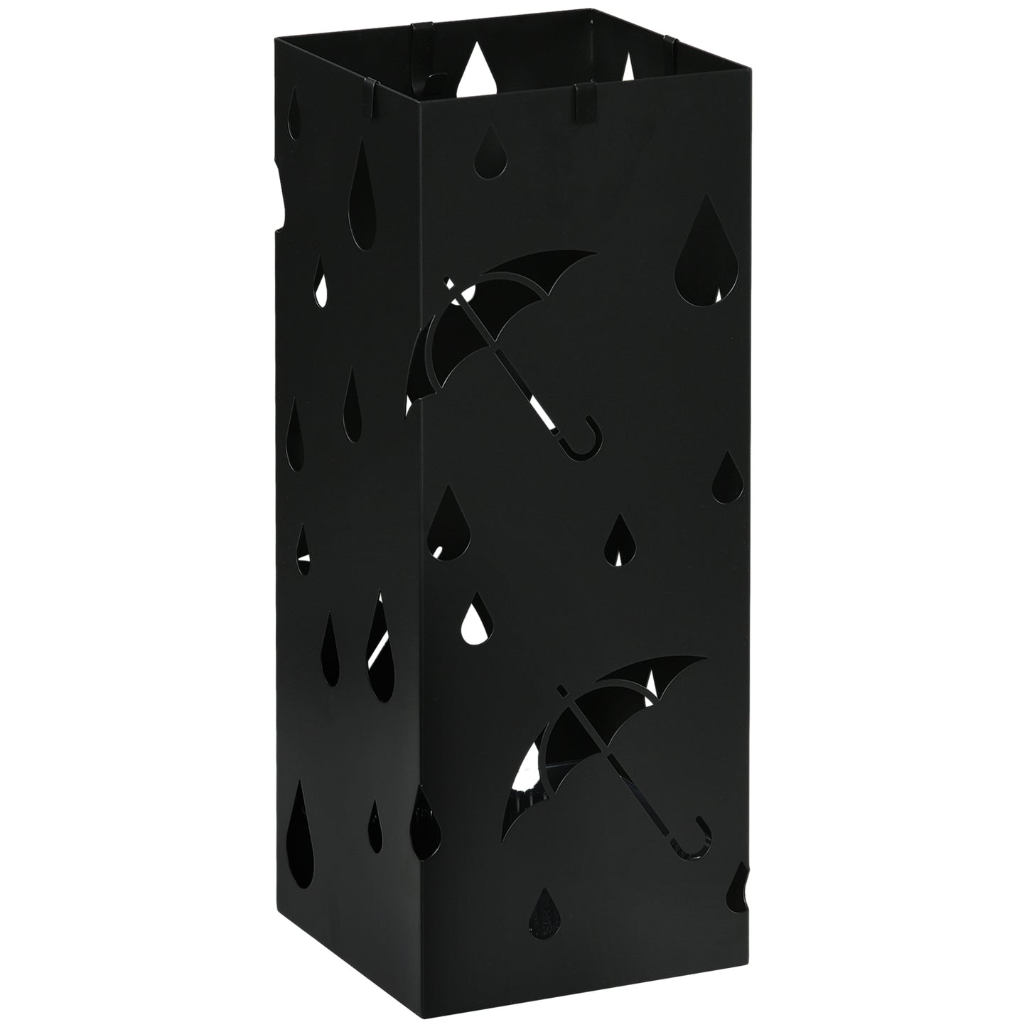 Steel Umbrella Stand, Square Umbrella Holder with 4 Hooks and Removable Drip Tray, Hollowed Umbrella Basket for Hallway
