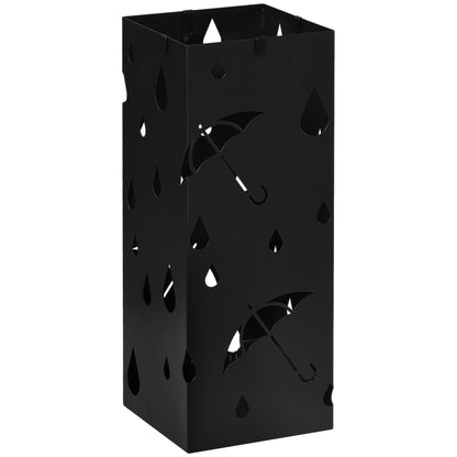 Steel Umbrella Stand, Square Umbrella Holder with 4 Hooks and Removable Drip Tray, Hollowed Umbrella Basket for Hallway
