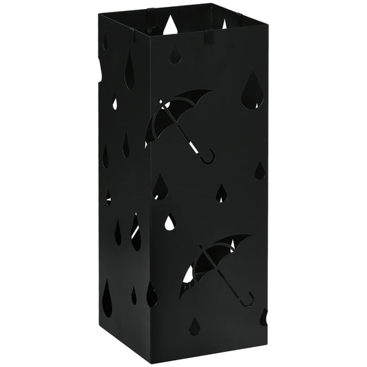 Steel Umbrella Stand, Square Umbrella Holder with 4 Hooks and Removable Drip Tray, Hollowed Umbrella Basket for Hallway