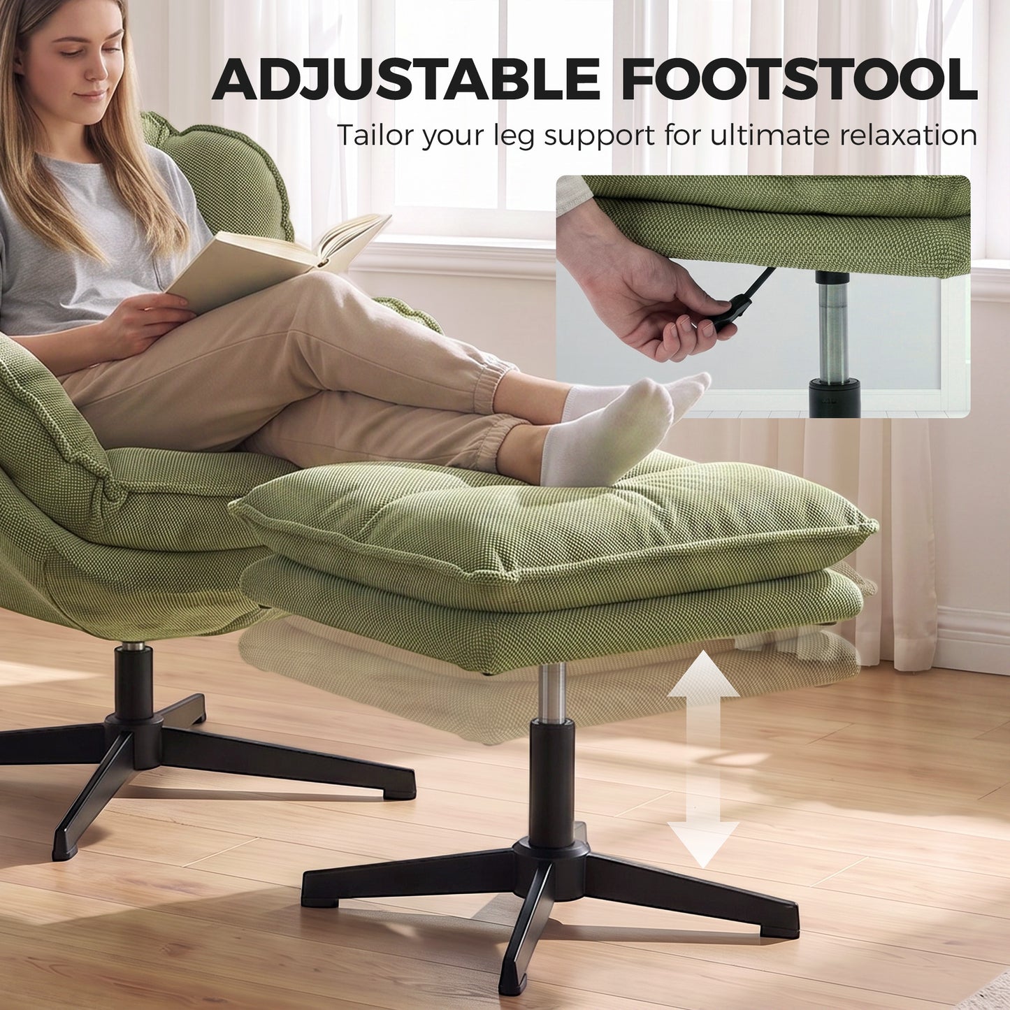 Armchair with Adjustable Footstool, 360° Swivel Chenille Cloud Accent Chair with Thick Cushion, Steel Base, Green