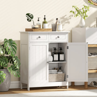 75x60cm Freestanding Bathroom Storage Cabinet Unit w/ 2 Drawers Cupboard Adjustable Shelf Metal Handles Traditional Style Whi