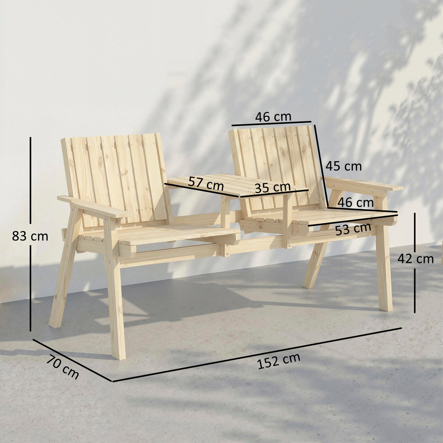2-Seater Garden Loveseat with Table and Parasol Hole for Porch, Patio, Natural Wood Finish