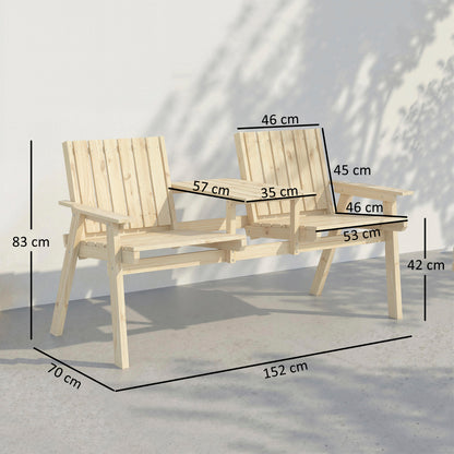 2-Seater Garden Loveseat with Table and Parasol Hole for Porch, Patio, Natural Wood Finish