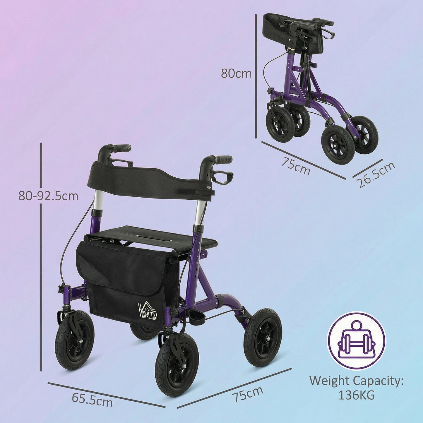 Folding Adjustable Rollator with Dual Brakes & 6 Adjustable Handle Heights for Seniors Purple