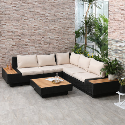5-Seater Rattan Garden Furniture Outdoor Sectional Corner Sofa with Armrest and Cushions, Black
