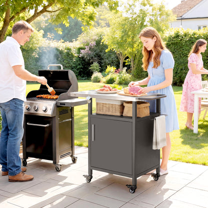 Grill Cart with Stainless Steel Top, Pizza Oven Stand with Cabinet, Spice Rack, Towel Holder, Bottle Opener, Brown