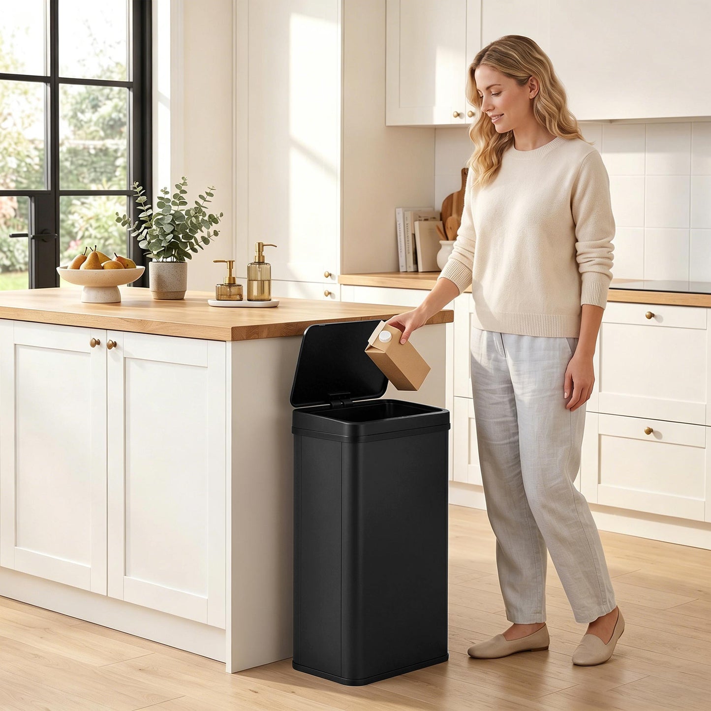50L Sensor Bin with Soft-Close Lid, Stainless Steel Automatic Touchless Motion Sensor Kitchen Bin, Black