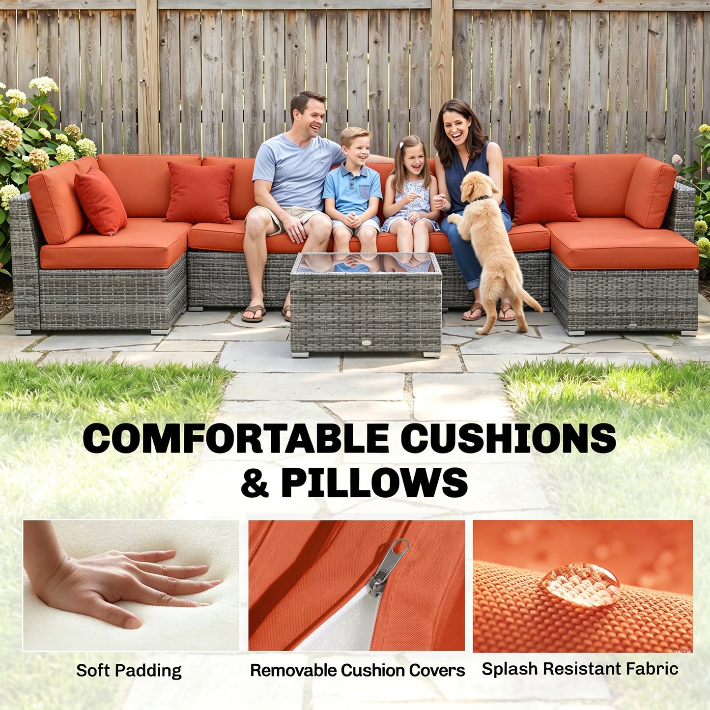 Eight-Piece Rattan Sofa Set - Orange/Grey