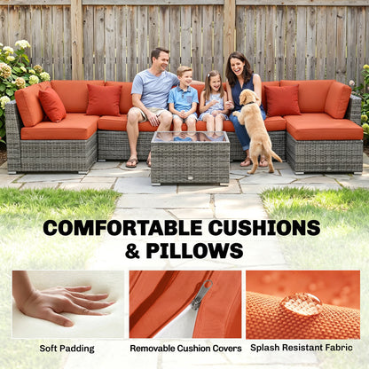 Eight-Piece Rattan Sofa Set - Orange/Grey