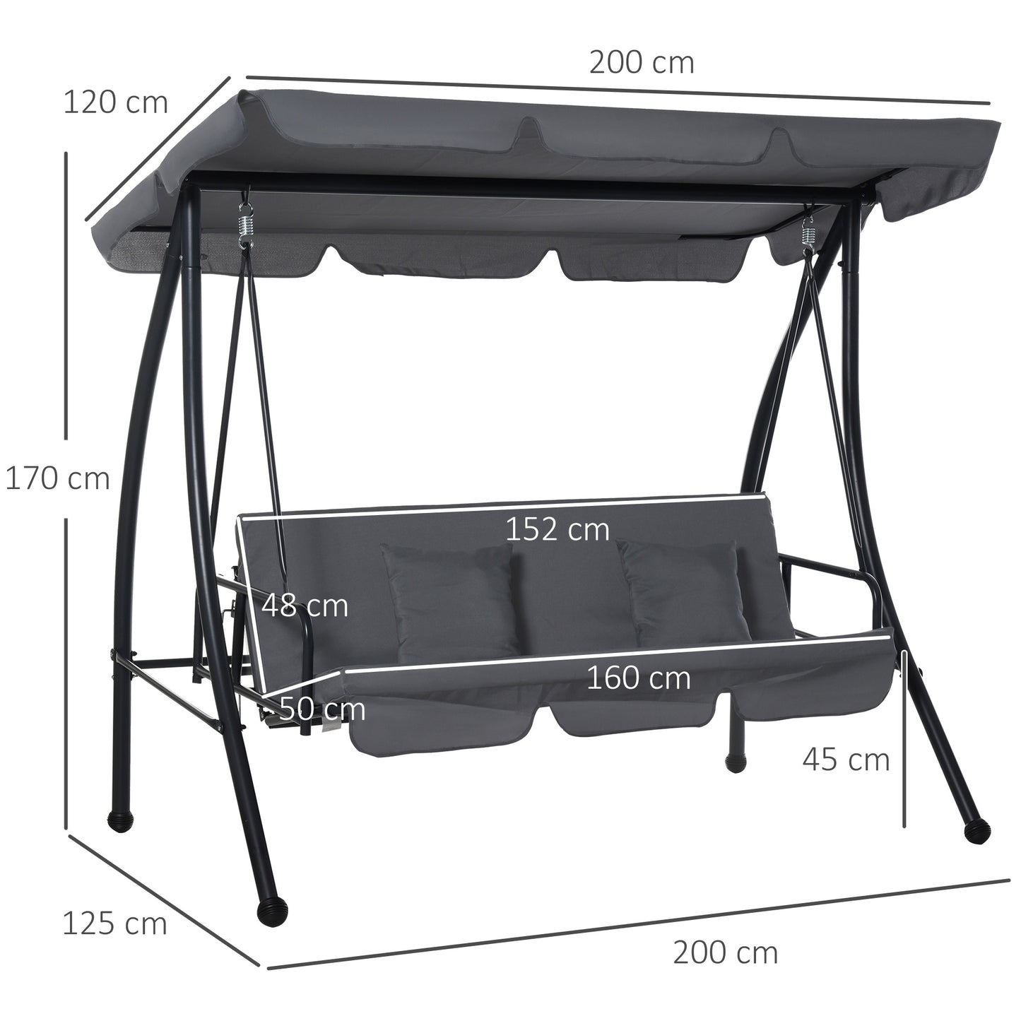Outdoor 2-in-1 Swing Chair Lounger 3 Seater Garden Swing Seat Bed Convertible Tilt Canopy W/ Cushion, Dark Grey