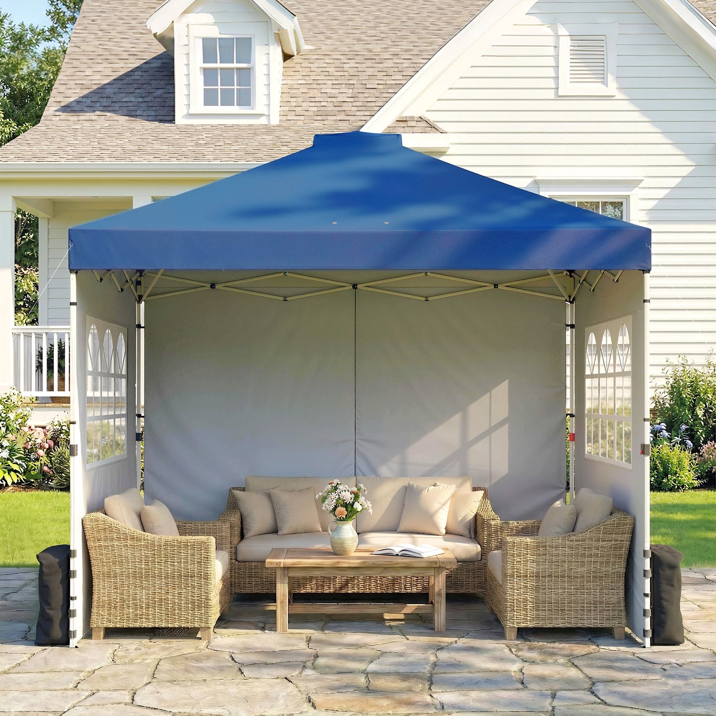 Pop Up Gazebo Waterproof Height Adjustable Canopy with 3 Sidewalls Wheeled Bag for Parties 3 x 3 m Dark Blue