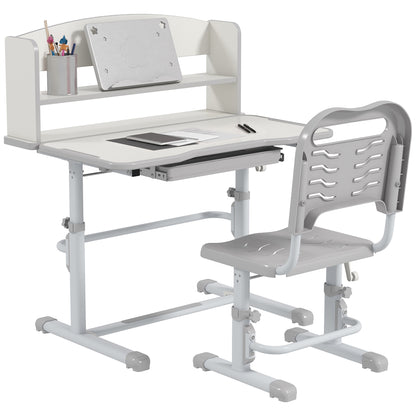 ZONEKIZ Height Adjustable Kids Study Table and Chair Set, with Drawer, Storage Shelf, 80 x 54.5 x 104 cm, Grey