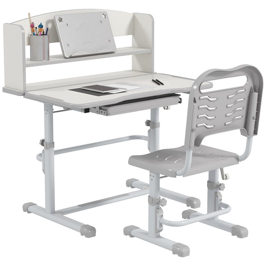 ZONEKIZ Height Adjustable Kids Study Table and Chair Set, with Drawer, Storage Shelf, 80 x 54.5 x 104 cm, Grey
