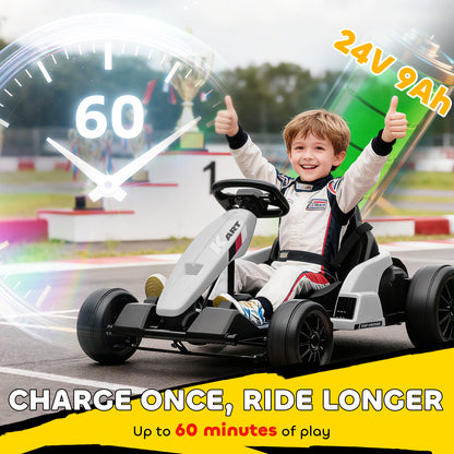 24V Electric Go Kart, Drift Kart with Adjustable Seat, Slow Start, 5-Point Harness, Music, for 6-12 Years, White