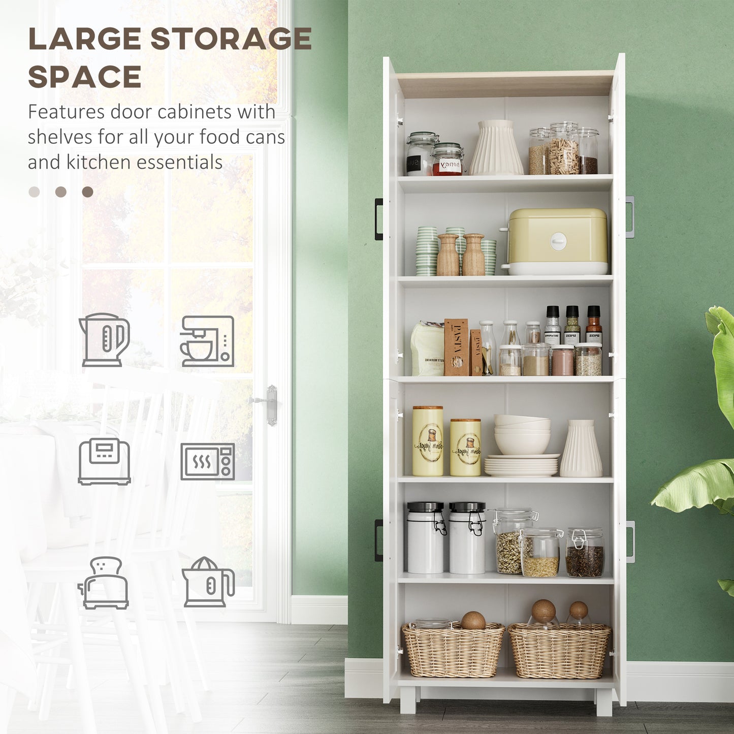 Freestanding Kitchen Cupboard, 4-Door Storage Cabinet Organiser with Adjustable Shelves White Wood Effect