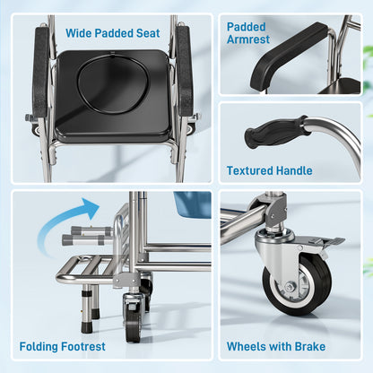Transport Beside Shower Chair, 3-in-1 Commode Chair with Wheels and Padded Seat, Black