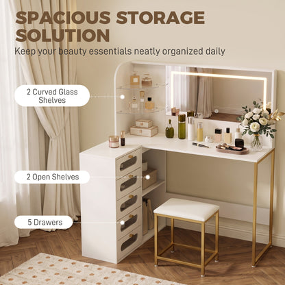 Dressing Table with LED Mirror and Stool, L-Shaped Vanity Desk with Drawers and Shelves, White