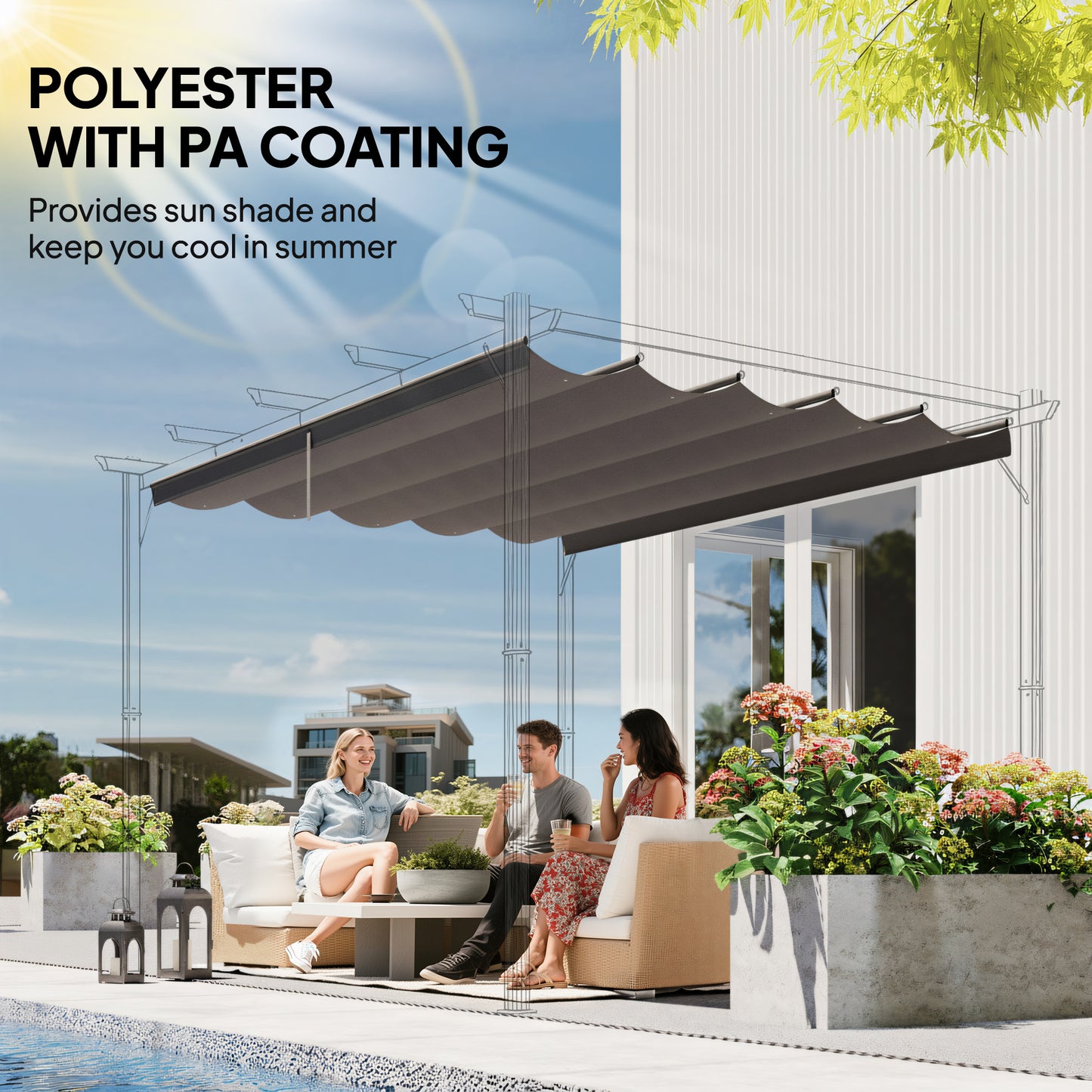 Retractable Pergola Cover, 3.5 x 2.6 m Replacement Canopy Fabric for 4 x 3 m Frame, Roof Top Only, Light Grey