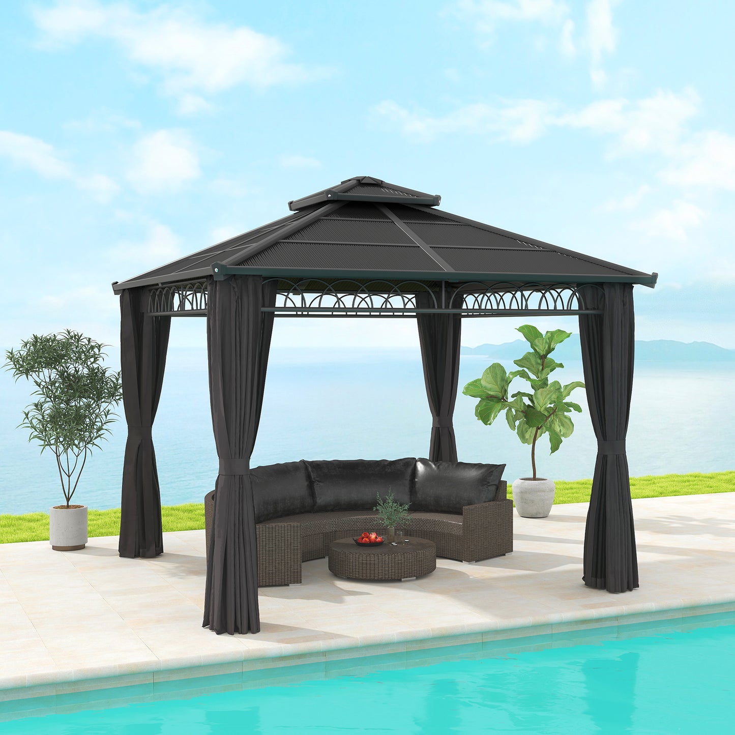 3 x 3 (m) Outdoor Polycarbonate Gazebo, Double Roof Hard Top Gazebo with Galvanised Steel Frame