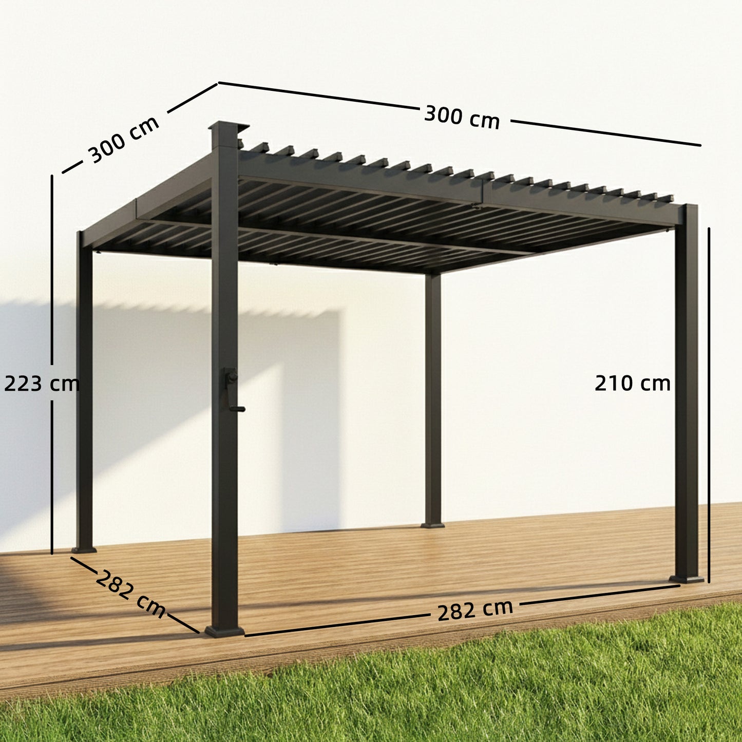 3 x 3 m Louvered Pergola with Solar LED lights, Metal Roof, Patio Gazebo Pergola Canopy with Drainage Gutters, Black