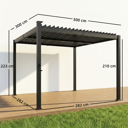 3 x 3 m Louvered Pergola with Solar LED lights, Metal Roof, Patio Gazebo Pergola Canopy with Drainage Gutters, Black