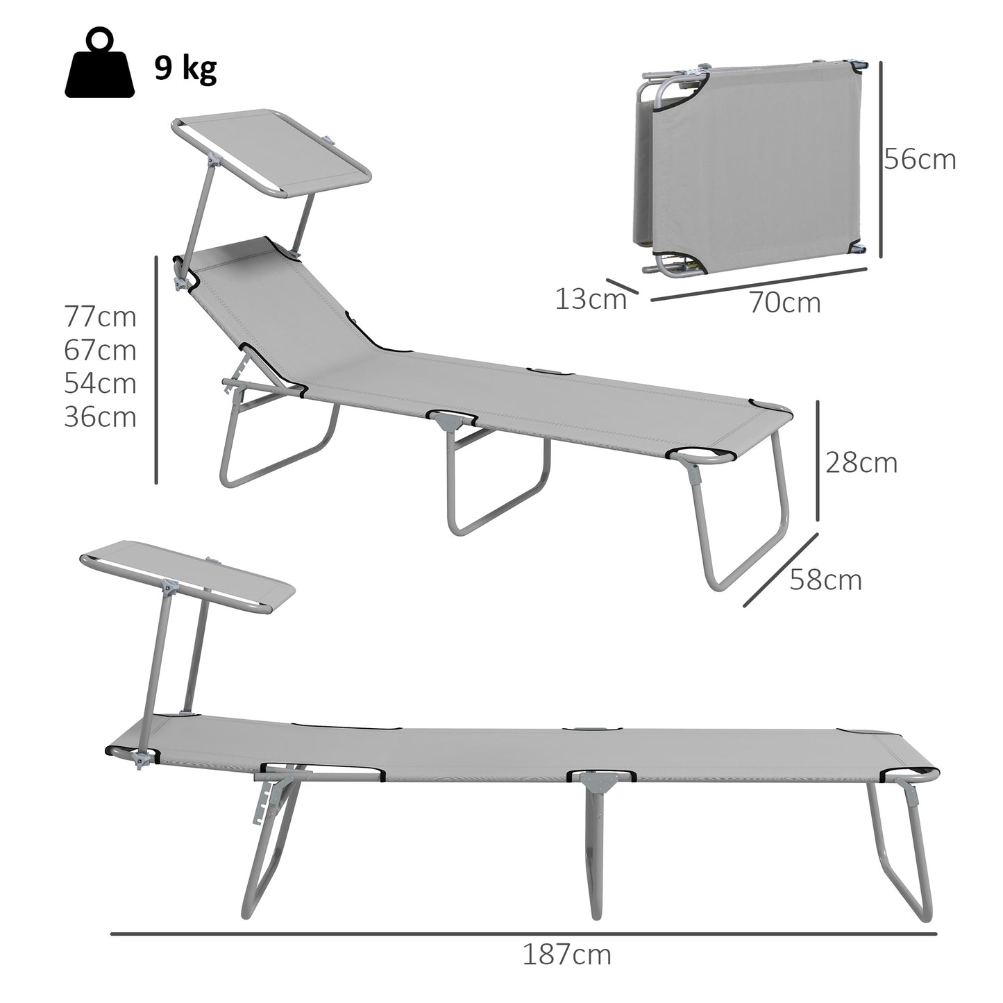 Folding Sun Lounger Set of 2 with Canopy, Reclining Sunbed with 4-Position Adjustable Backrest, 600D Oxford Cloth