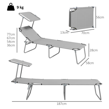 Folding Sun Lounger Set of 2 with Canopy, Reclining Sunbed with 4-Position Adjustable Backrest, 600D Oxford Cloth