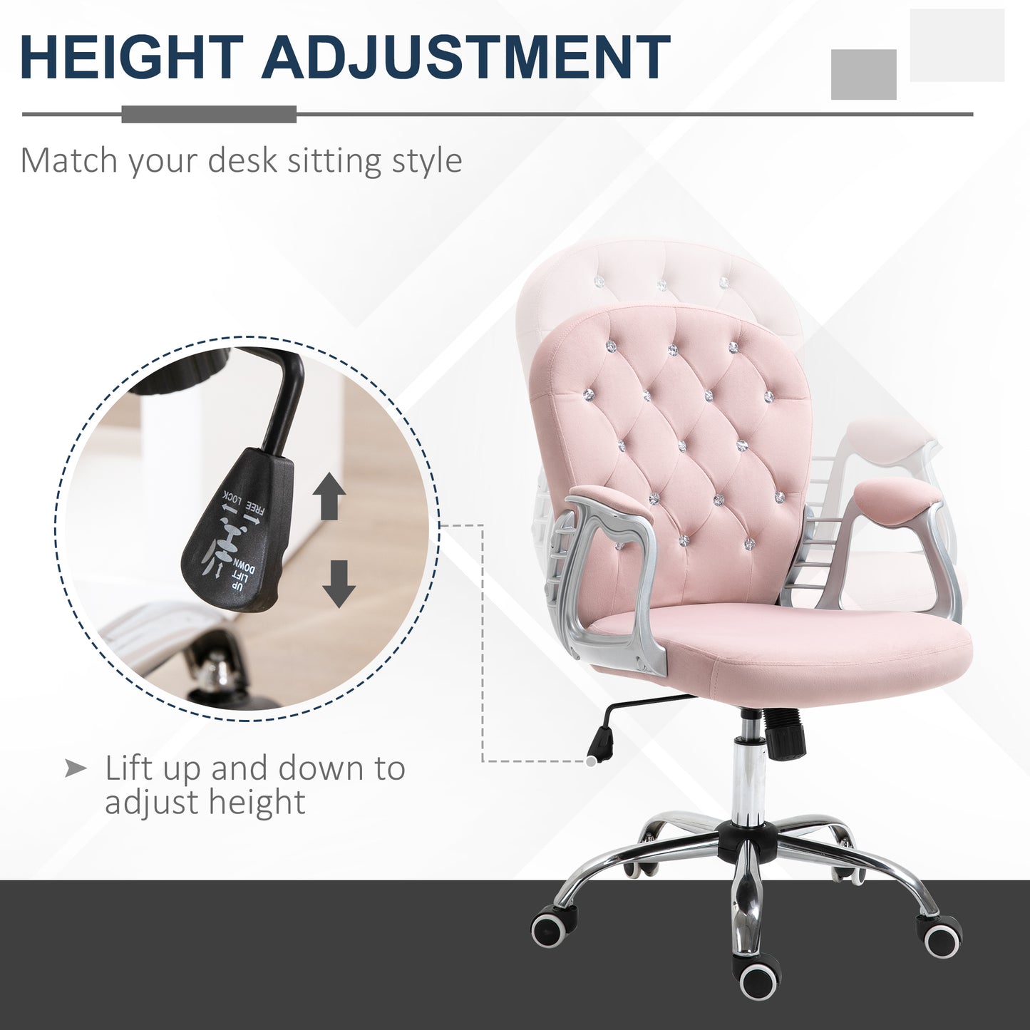 Office Chair, Swivel Desk Chair, Velvet Vanity Chair with Adjustable Height and Rolling Wheels for Home Work Study, Pink
