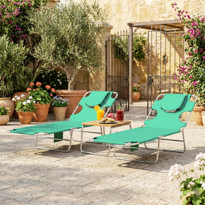5-Position Adjustable Sun Loungers Set of 2 with Reading Hole and Side Pocket, Green