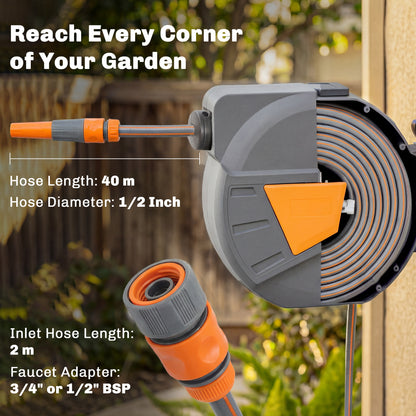 Retractable Hose Reel Wall Mounted, 40+2m Garden Hose Pipe Reel with Auto Retraction, Self-Locking, Orange