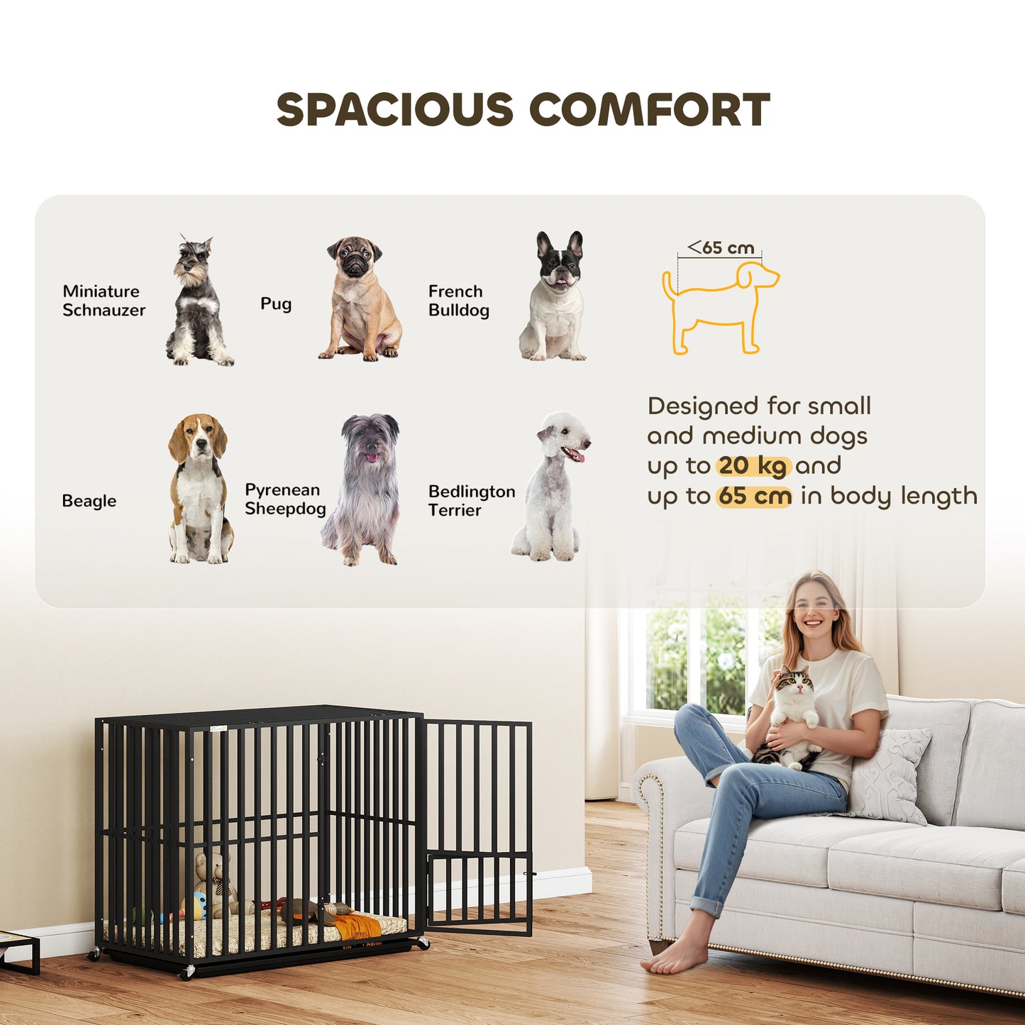 Heavy Duty Dog Crate, Dog Cage with Wheels for Small Medium Breeds, Metal Pet Kennel with Removable Tray
