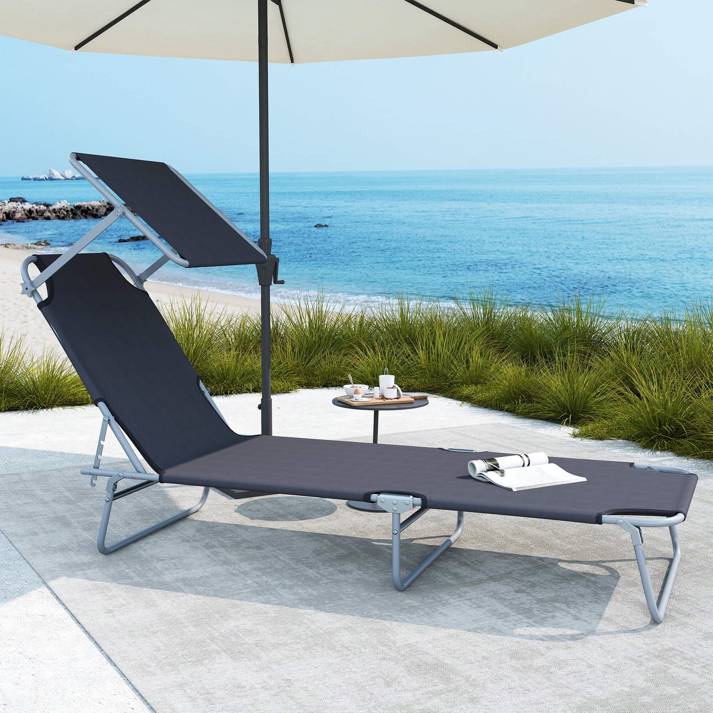 Outdoor Foldable Sun Lounger, 4 Level Adjustable Backrest Reclining Sun Lounger Chair