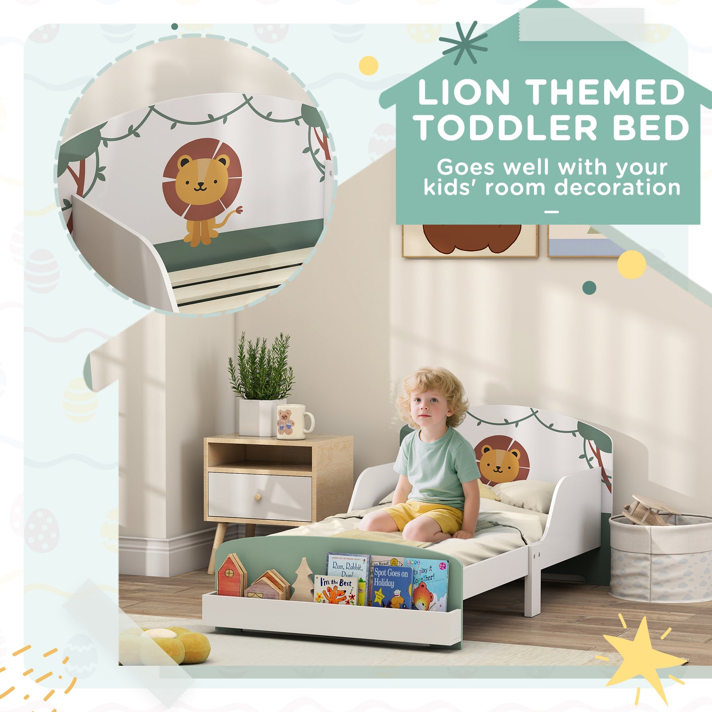 Toddler Bed with Storage, Guardrails, Lion Design, for Ages 3-8 Years, Fits 140 x 70cm Mattress, Green