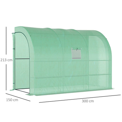 Walk-In Lean to Greenhouse with Windows and Zippered Doors, 2 Tiers 6 Wired Shelves 300L x 150W x 213Hcm Green
