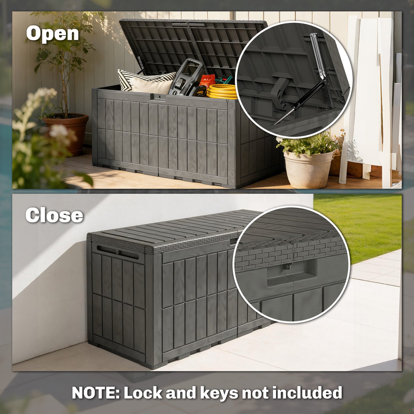440L Garden Storage Box, Waterproof & UV Resistant Resin Deck Box with Lockable Lid, Pneumatic Gas Rods, Side Handles
