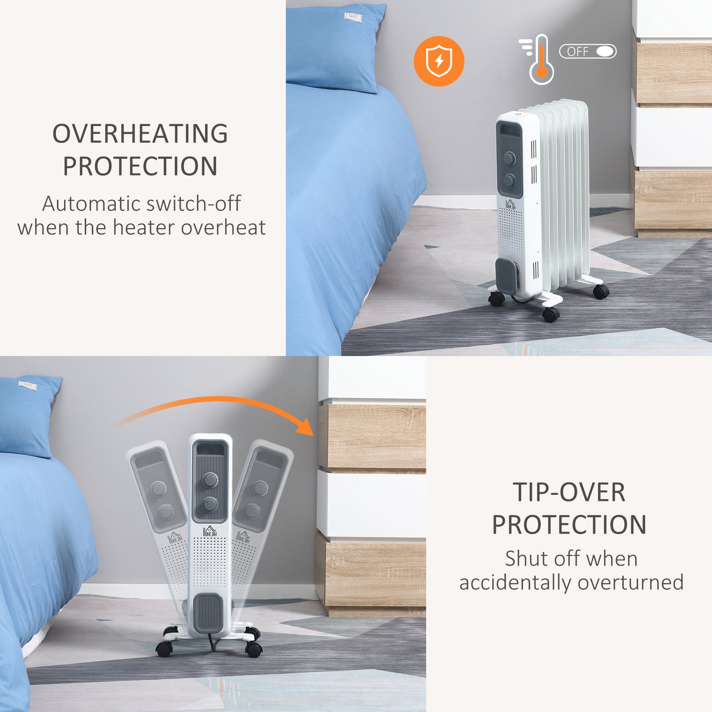 1500W Oil Filled Radiator, Portable Electric Heater with 3 Heat Settings, Safety Cut-Off and Wheels, White